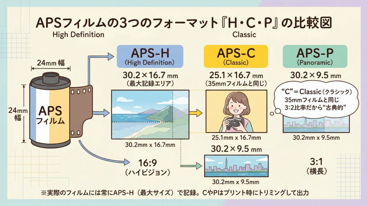 APSフィルムの3つのフォーマット「H・C・P」の比較図