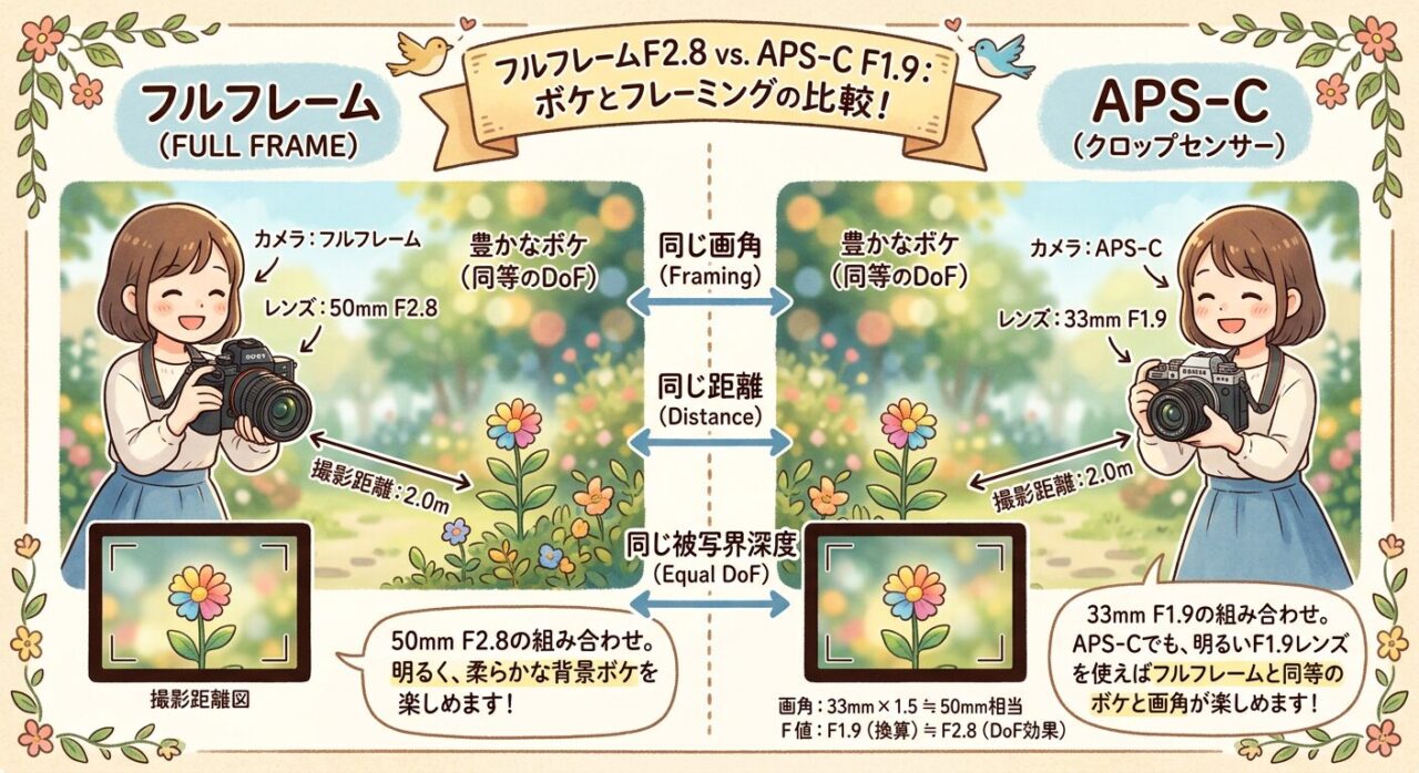 フルフレームとAPS-Cのボケとフレーミング比較