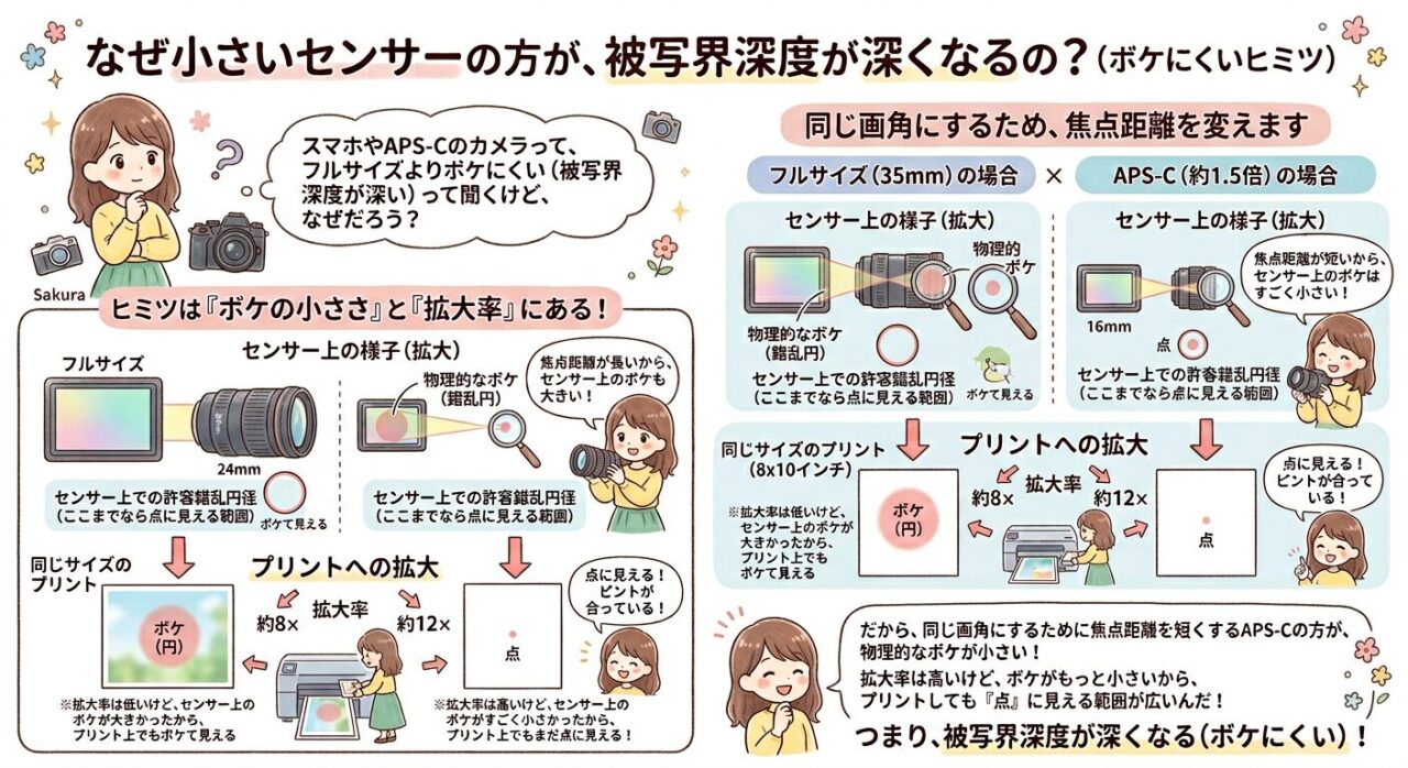 なぜ小さいセンサーの方が、被写界深度が深くなるのか