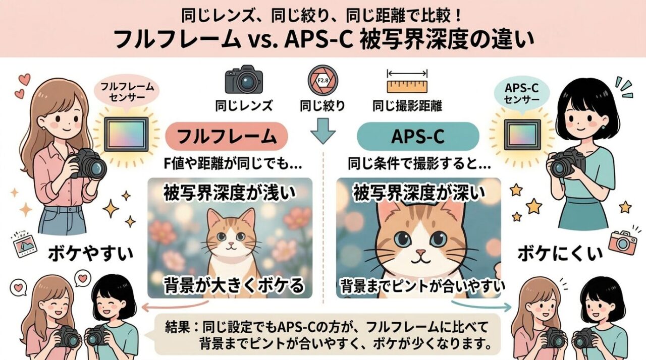 同じレンズ、同じ絞り、同じ距離でのセンサーサイズによる被写界深度の違い