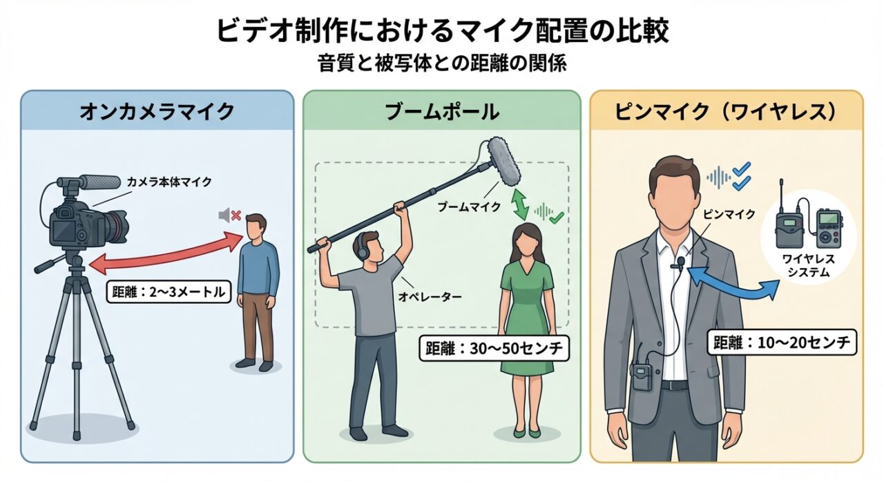 ビデオ制作におけるマイク配置の比較——音質と被写体との距離の関係